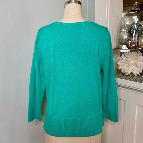 White House Black Market Green Snap Sweater Cardigan Ruffled Lace Trim Large - Picture 7 of 11